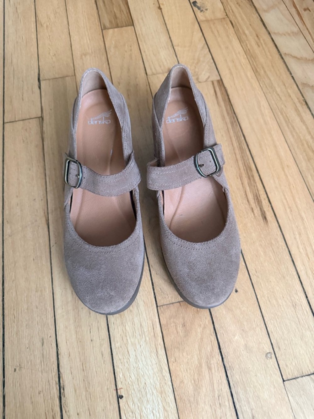 Dansko Taupe Suede Mary Jane Wedge with Buckle Strap - Picture 2 of 6